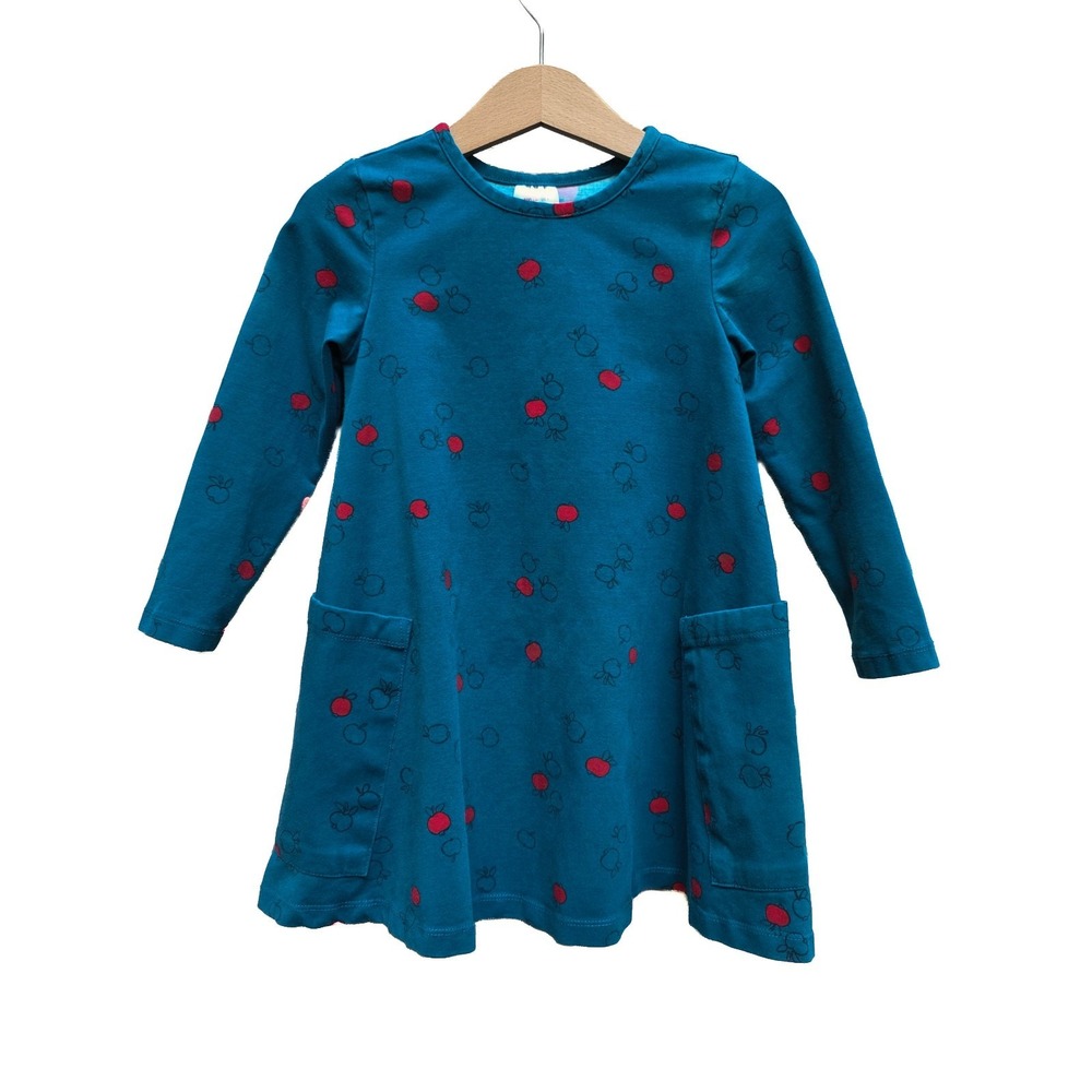 Hanna Andersson Girls 4 100cm Teal Apple Print Long Sleeve Dress Pockets Cottage